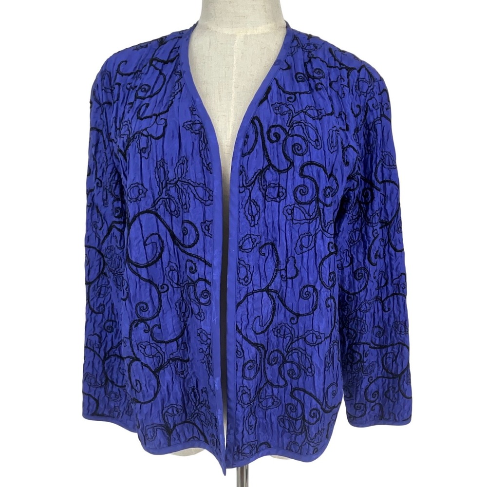 Chicos Design Blue 100% Silk Embroidered Crinkle Open Cardigan Jacket Sz 0 XS‎ 4
